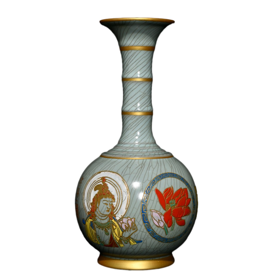 Chinese Colored Drawing Gilt Edge Ru Kiln Kwan-yin Design Porcelain Vase (1 of 10)