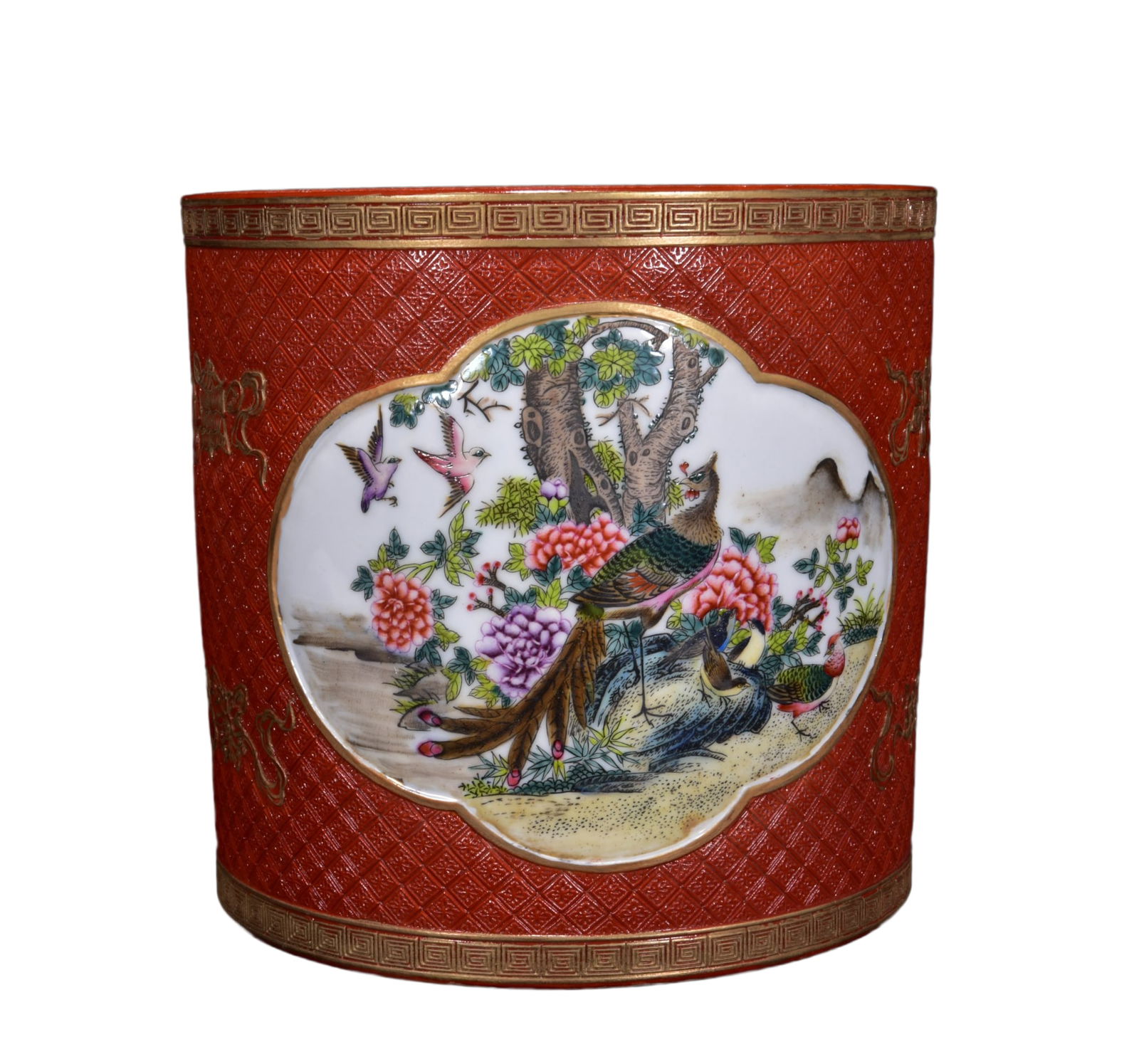 Chinese Gilt Edge Red Glaze Famille Rose Flowers Bird Design Porcelain Brush Pot (1 of 10)