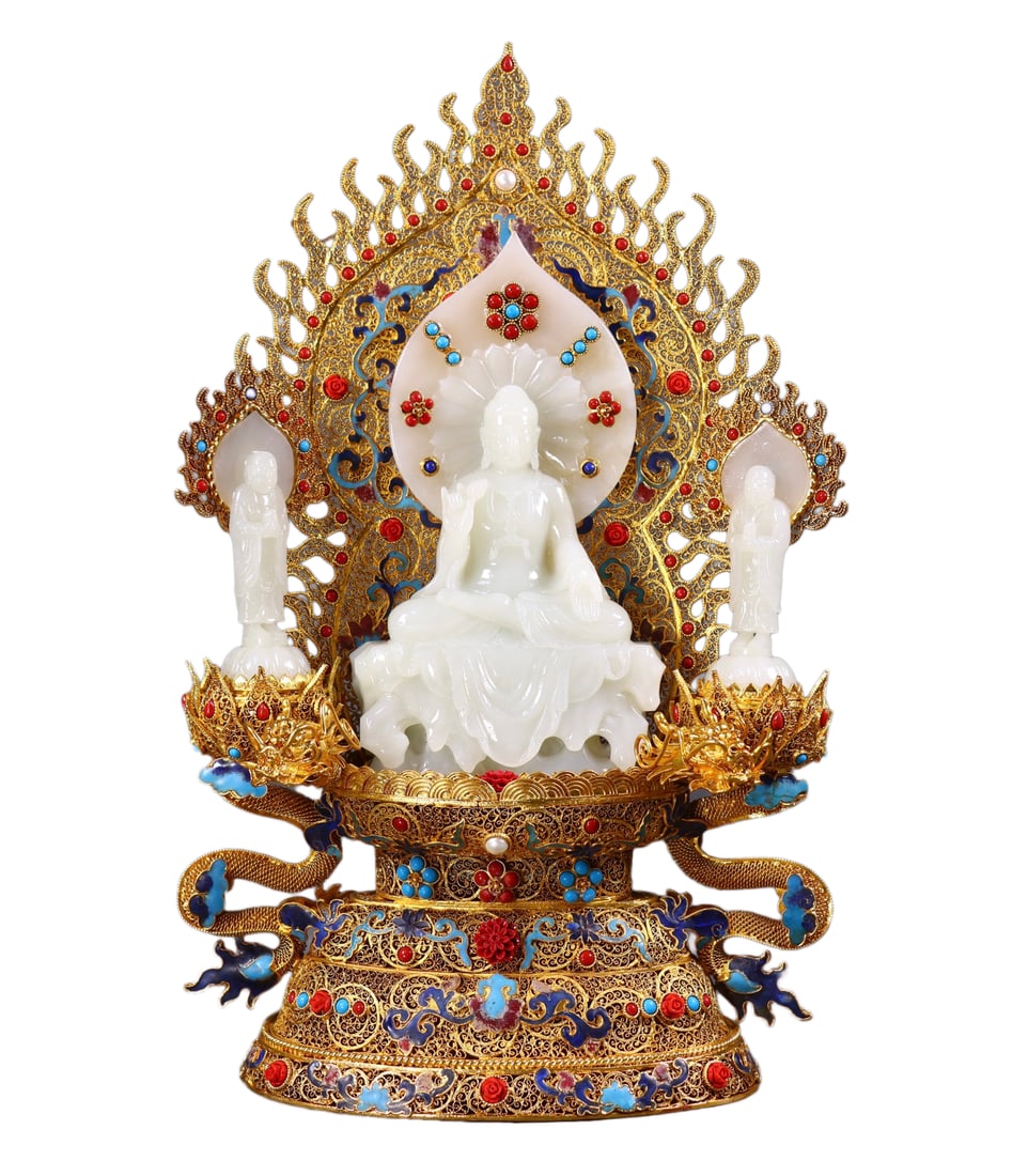 Exquisite Chinese Hetian Jade Carved Siddhartha Buddha Statue w Gold Wires Enamel Inlay Gem Base (1 of 11)