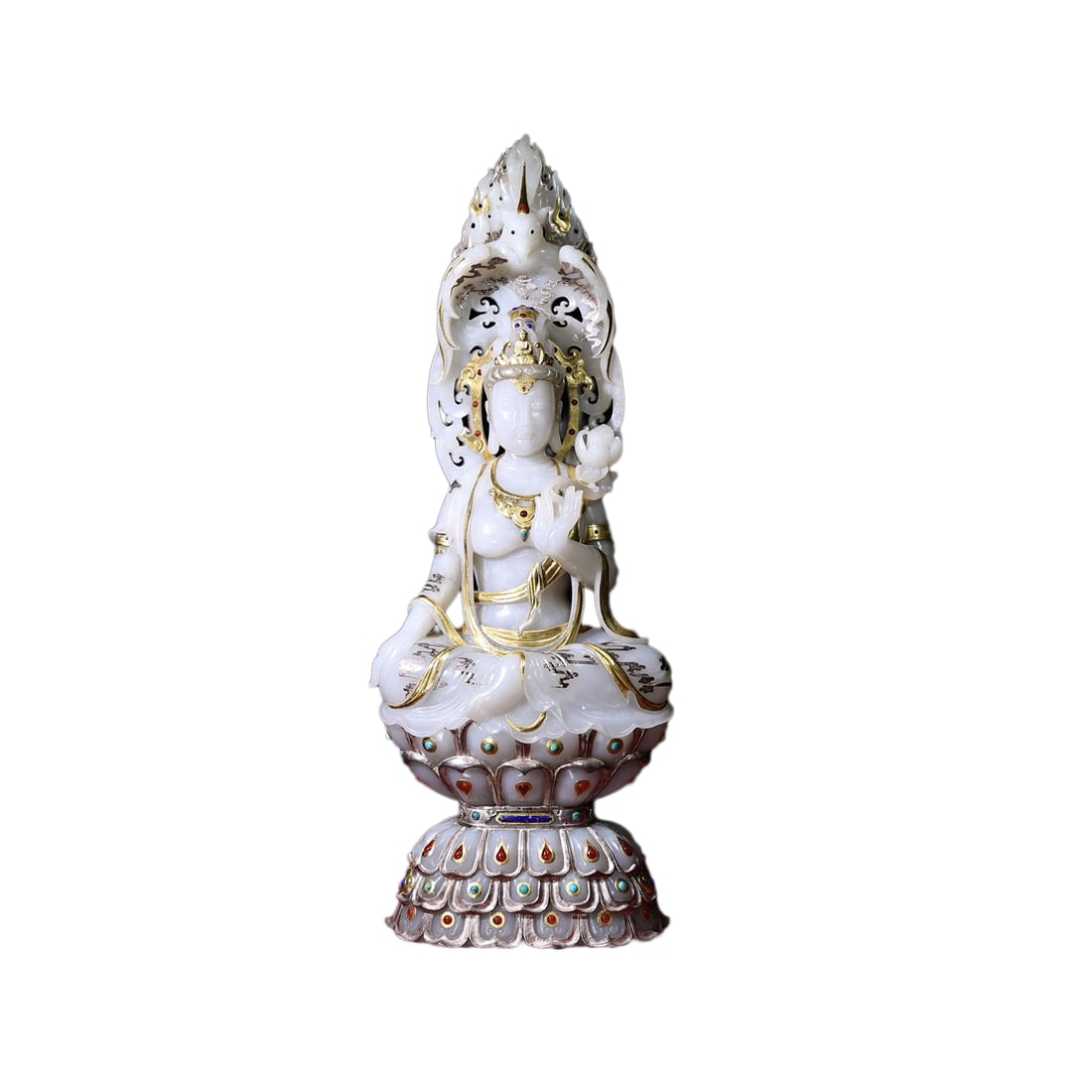 Superb Chinese Silver Plated Gilt Gold White Hetian Jade Carved Kwan-yin Statue: Superb Chinese Silver Plated Gilt Gold White Hetian Jade Carved Kwan-yin StatueDimension: 550 x 210 x 122 (mm)21.65 x 8.27 x 4.80 (inches)
