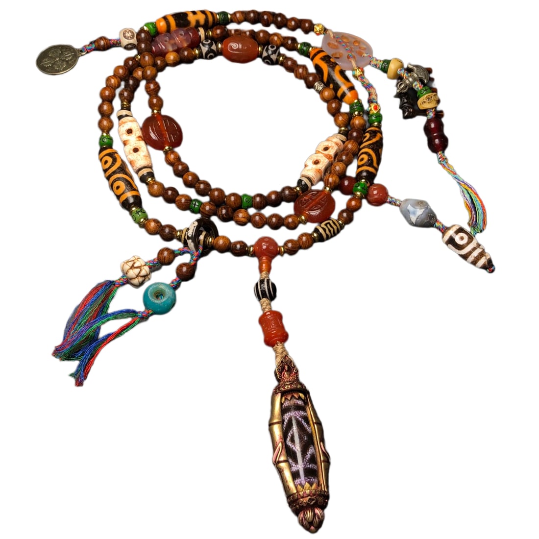 Tibetan Copper Inlay 3 Eye DZI Agate Pendant w Hand Woven Chenxiang Wood & Aaget Beads Necklace (1 of 10)