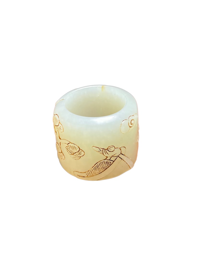 Old Chinese Hetian Jade Carved Pine Tree & Figure Thumb Ring (1 of 10)