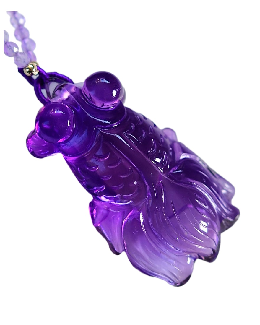 Beautiful Amethyst Carved Goldfish Pendant w Hand Woven Beads Necklace (1 of 7)
