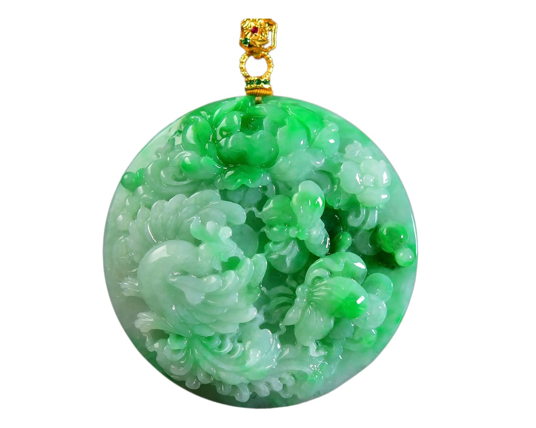 Exquisite Jadeite Carved Phoenix & Peony Pendant w Jadeite Beads Necklace (1 of 7)