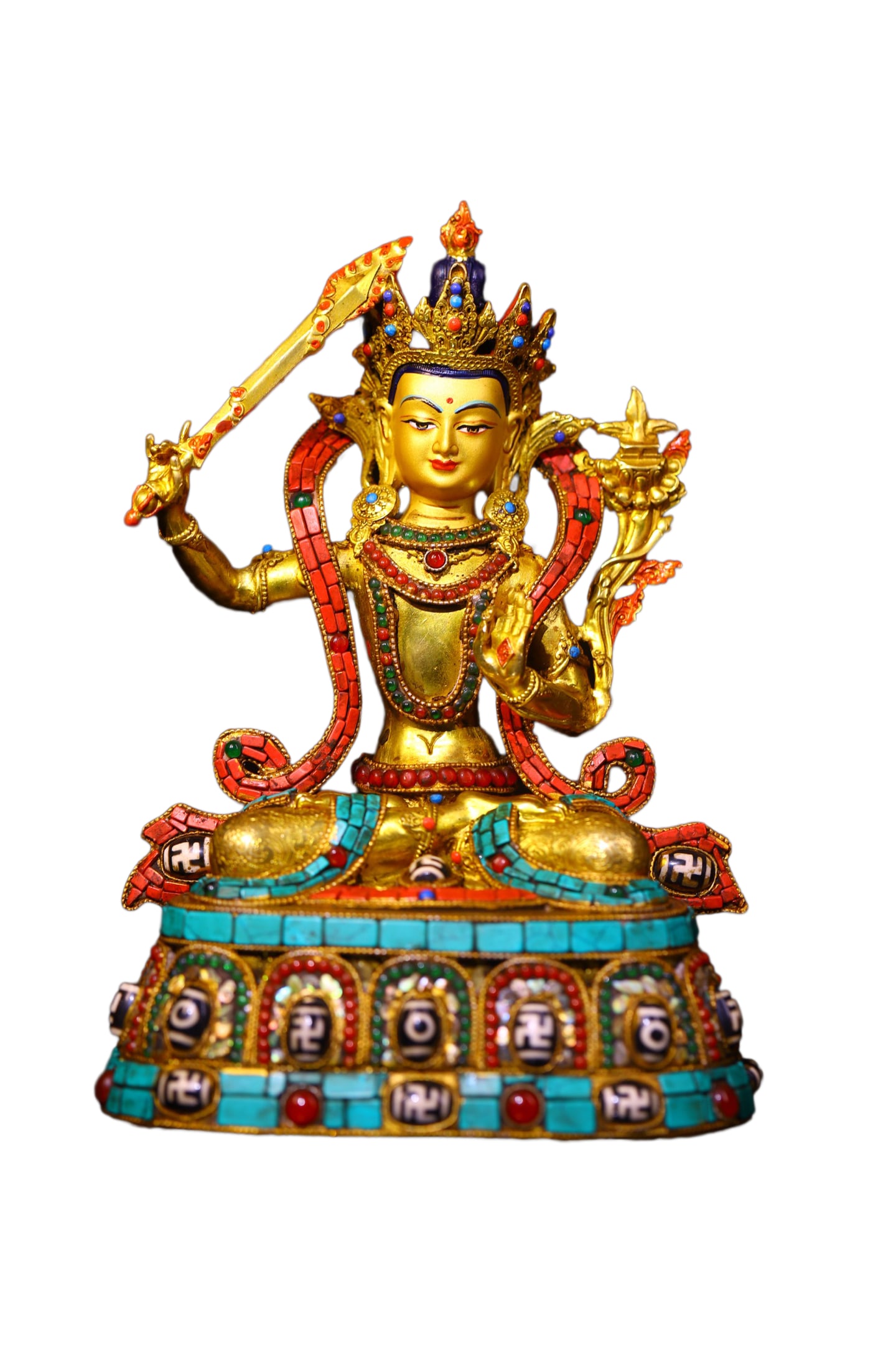 Tibetan Buddhism Gilt Gold Copper Inlay Turquoise & DZI Agate & Gems Manjushri Bodhisattva Statue (1 of 10)