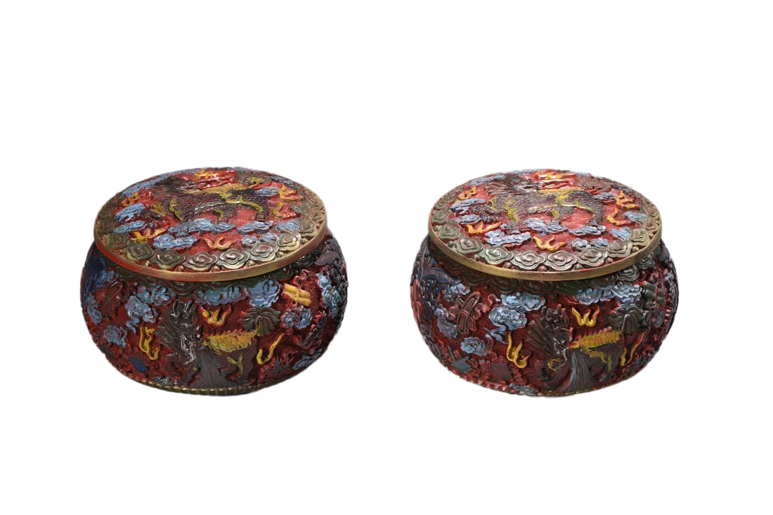 A Pair Chinese Colored Drawing Red Lacquerware Low Relief Fortune Kylin Design Weiqi Pot (1 of 10)