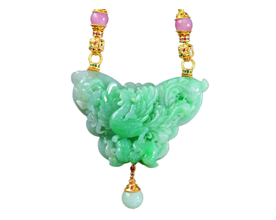Exquisite Jadeite Carved Phoenix Pendant w Hand Woven Jadeite Beads Necklace (1 of 7)