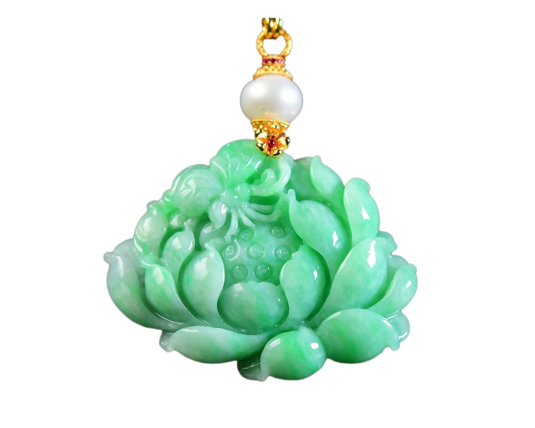 Exquisite Green Jadeite Carved Peony Pendant w Green Jadeite Beads Necklace (1 of 7)