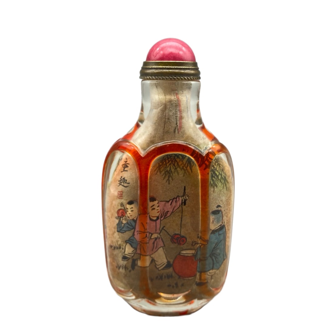 Old Chinese Peking Glass Inside Painting Kids Design Snuff Bottle w Stopper (1 of 10)