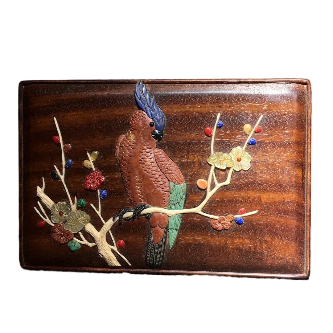 Vintage Chinese Huali Wood Inlay Shoushan Stone & Lapis Lazuli & Shell Jewellery Box (1 of 10)