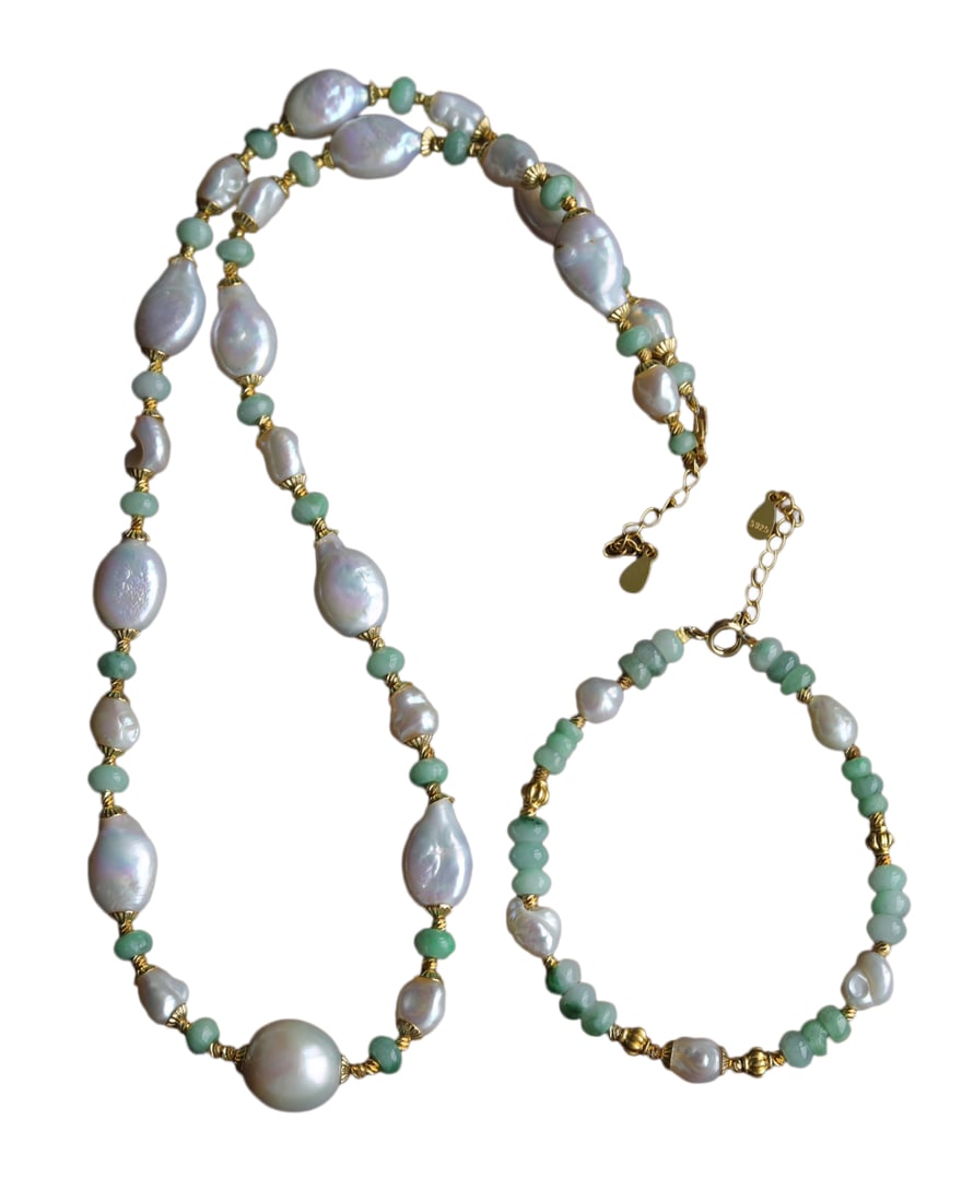 Hand Woven Pearl & Jadeite Beads Necklace w Bracelet (1 of 10)