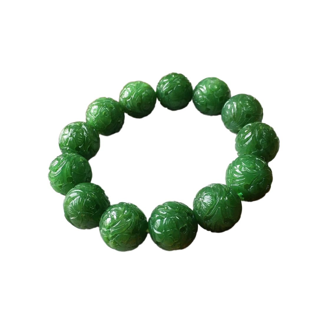 Superb Chinese Green Hetian Jade Carved Peony Beads Bracelet (1 of 7)