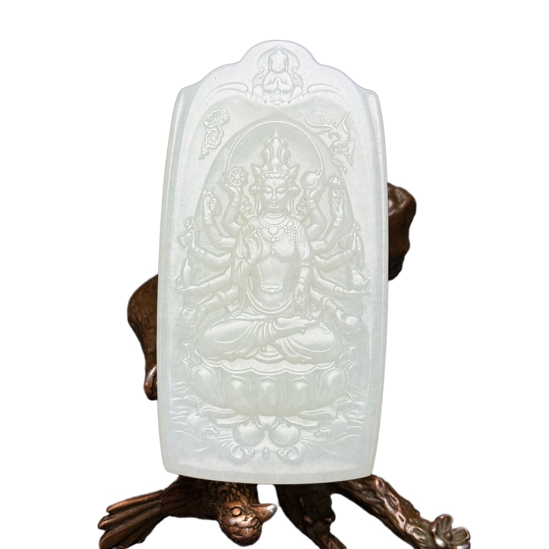 Superb Chinese Hetian Jade Low Relief Thousand-Hand Kwan-yin Pendant: Superb Chinese Hetian Jade Low Relief Thousand-Hand Kwan-yin PendantDimension: 73 x 38 x 9 (mm) 2.87 x 1.50 x 0.35 (inches) Weight: 0.14 lbs/ 62 g