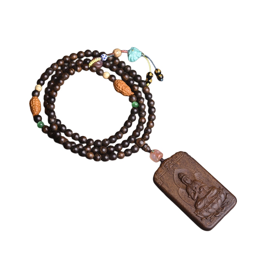 Vintage Chenxiang Wood Carved Kwan-yin Pendant w Hand Woven Beads Necklace (1 of 7)