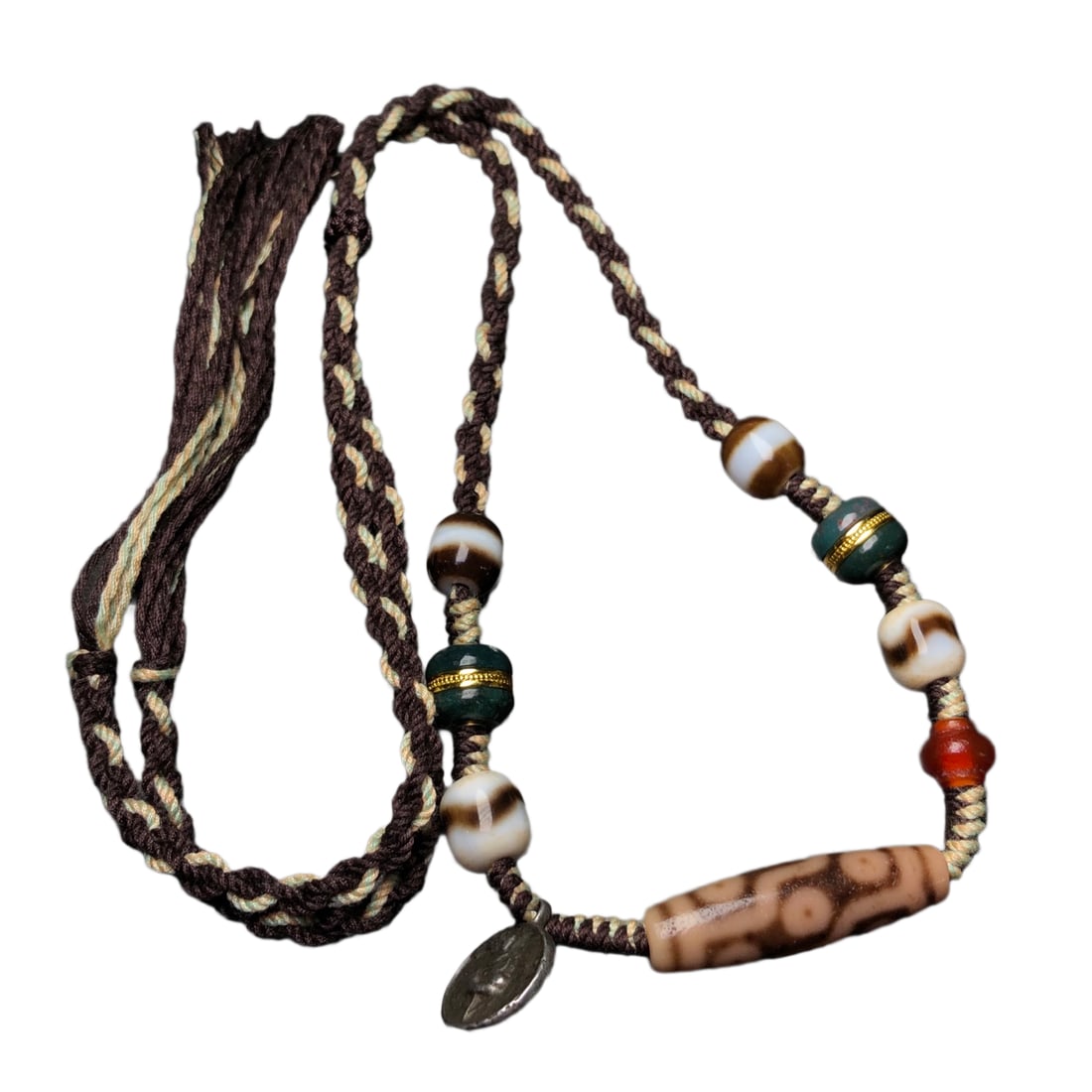 Old Tibetan 9 Eye DZI Agate Lucky Pendant w Hand Woven Necklace (1 of 10)