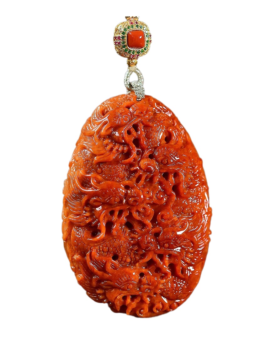 Exquisite Red Jadeite Carved Fortune Dragon Pendant w Jadeite Beads Necklace (1 of 8)