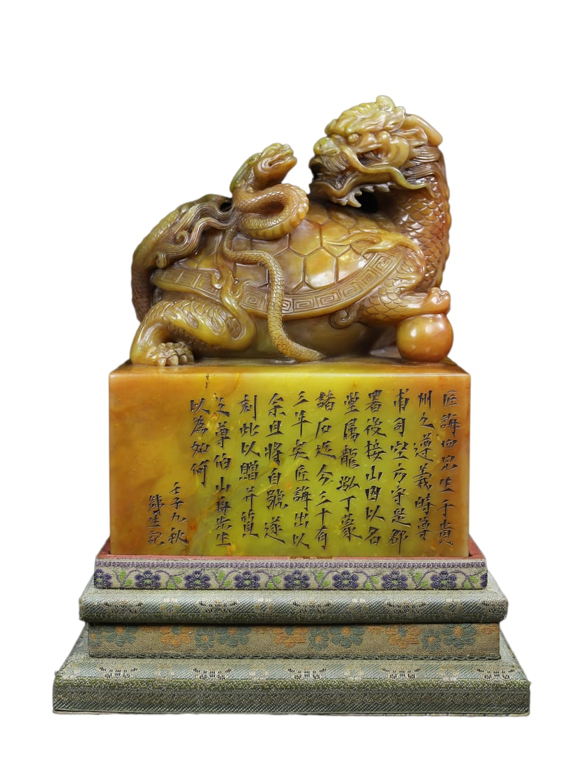 Superb Vintage Chinese Shoushan Stone Carved Dragon Turtle Seal Statue (1 of 12)