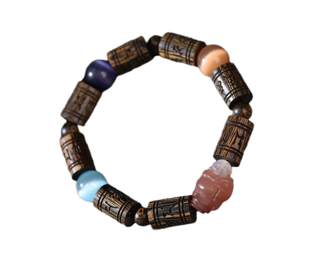 Hand Woven Chenxiang Wood & Nanhong Agate & Cat's Eye Beads Bracelet (1 of 7)