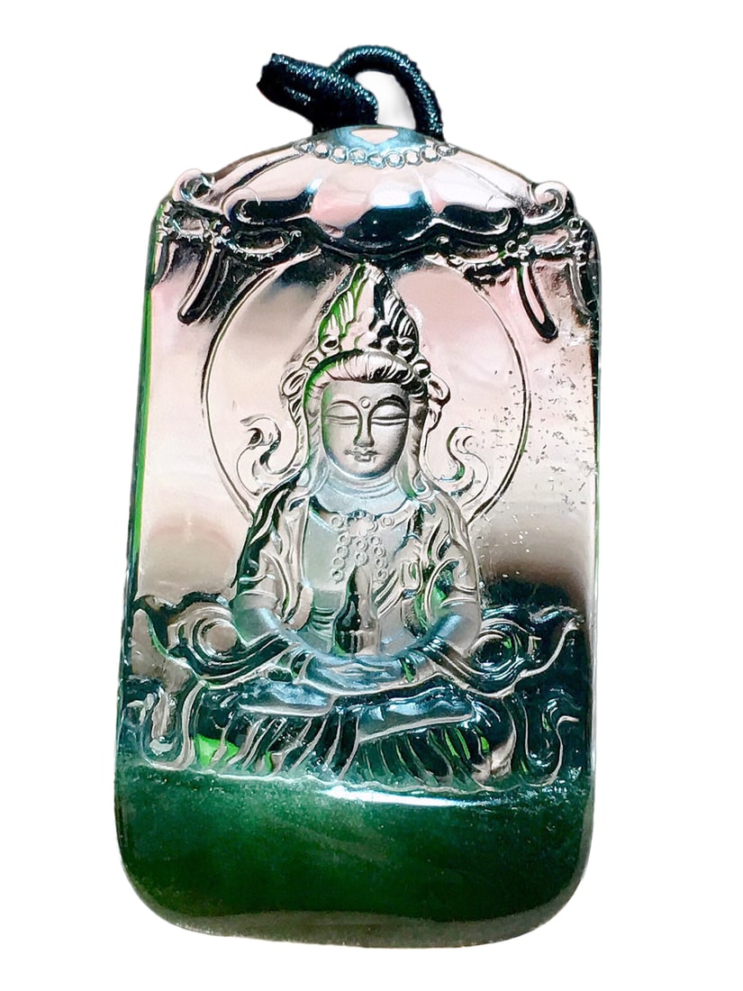 Beautiful Natural Green Crystal Carved Kwan-yin Pendant: Beautiful Natural Green Crystal Carved Kwan-yin Pendant Dimension: 52 x 30 x 13 (mm) 2.05 x 1.18 x 0.51 (inches)Weight: 0.07 lbs/ 33 g