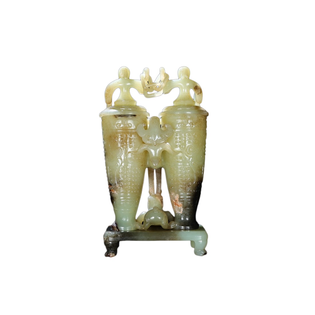 Superb Vintage Chinese Hetian Jade Carved Beast Conjoined Vase Statue (1 of 9)