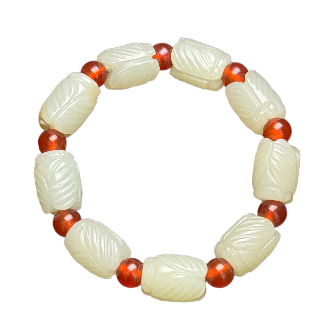 Hand Woven Chinese Hetian Jade Carved Fortune Cicada Beads Bracelet (1 of 10)