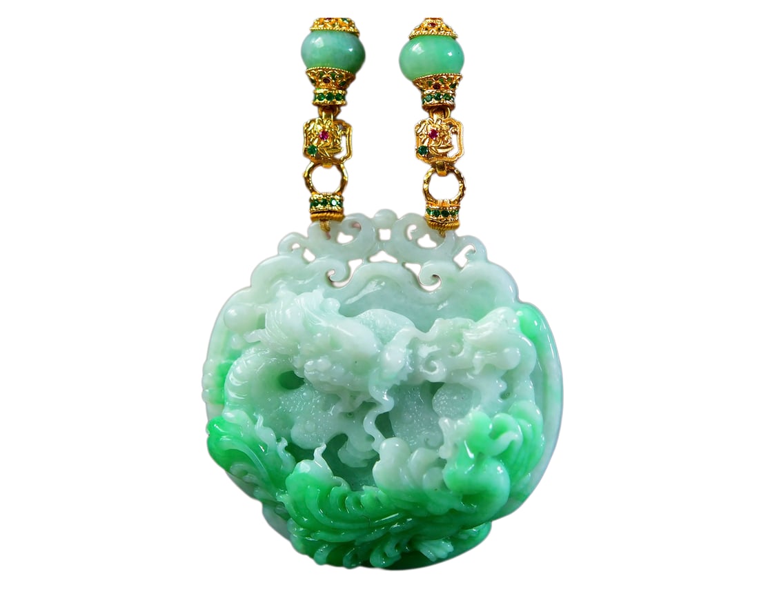 Exquisite Jadeite Carved Dragon Phoenix Pendant w Jadeite Beads Necklace (1 of 7)