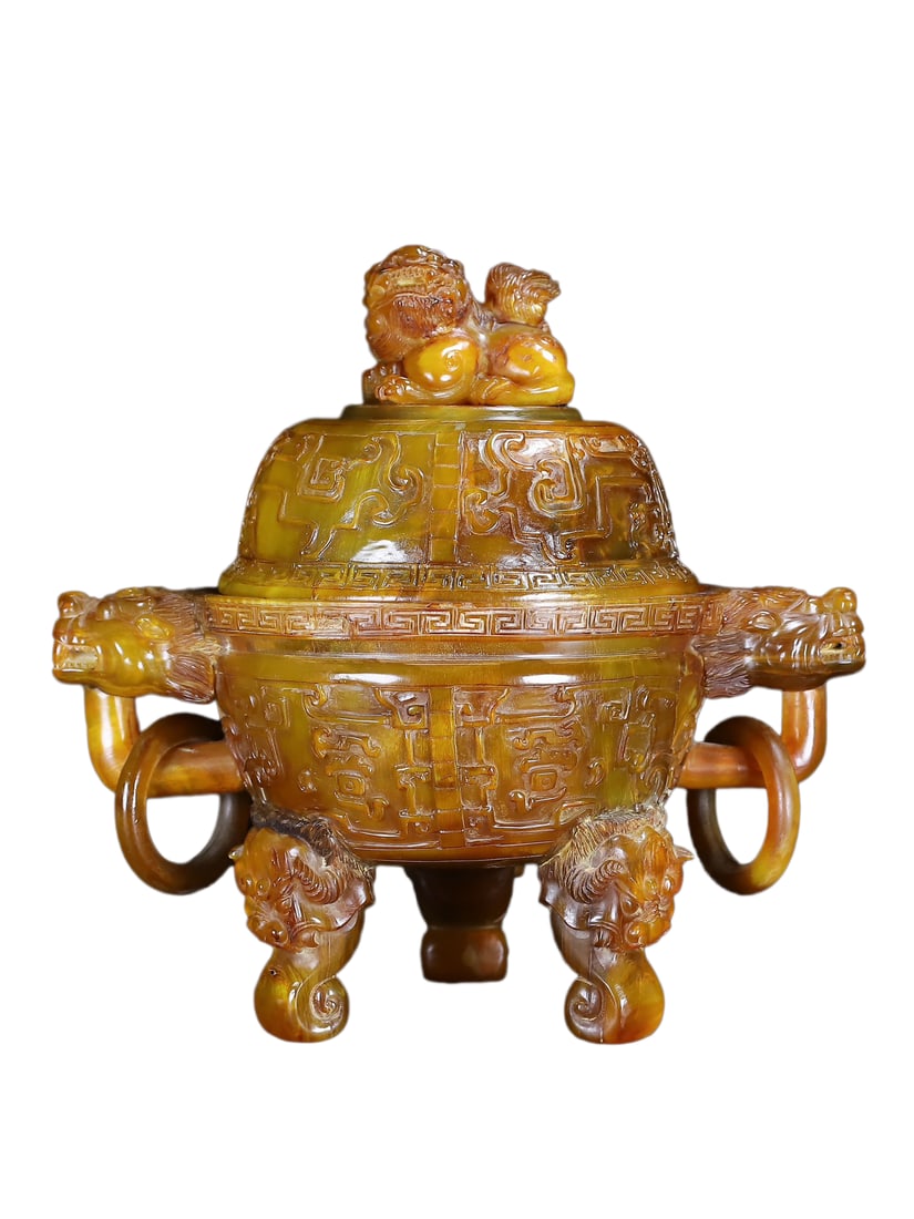 Vintage Ox Horn Carved Double Ring Fortune Lion Incense Burner: Vintage Ox Horn Carved Double Ring Fortune Lion Incense BurnerDimension: 240 x 230 (mm)9.45 x 9.05 (inches) Weight: 2.98 lbs/ 1350 g