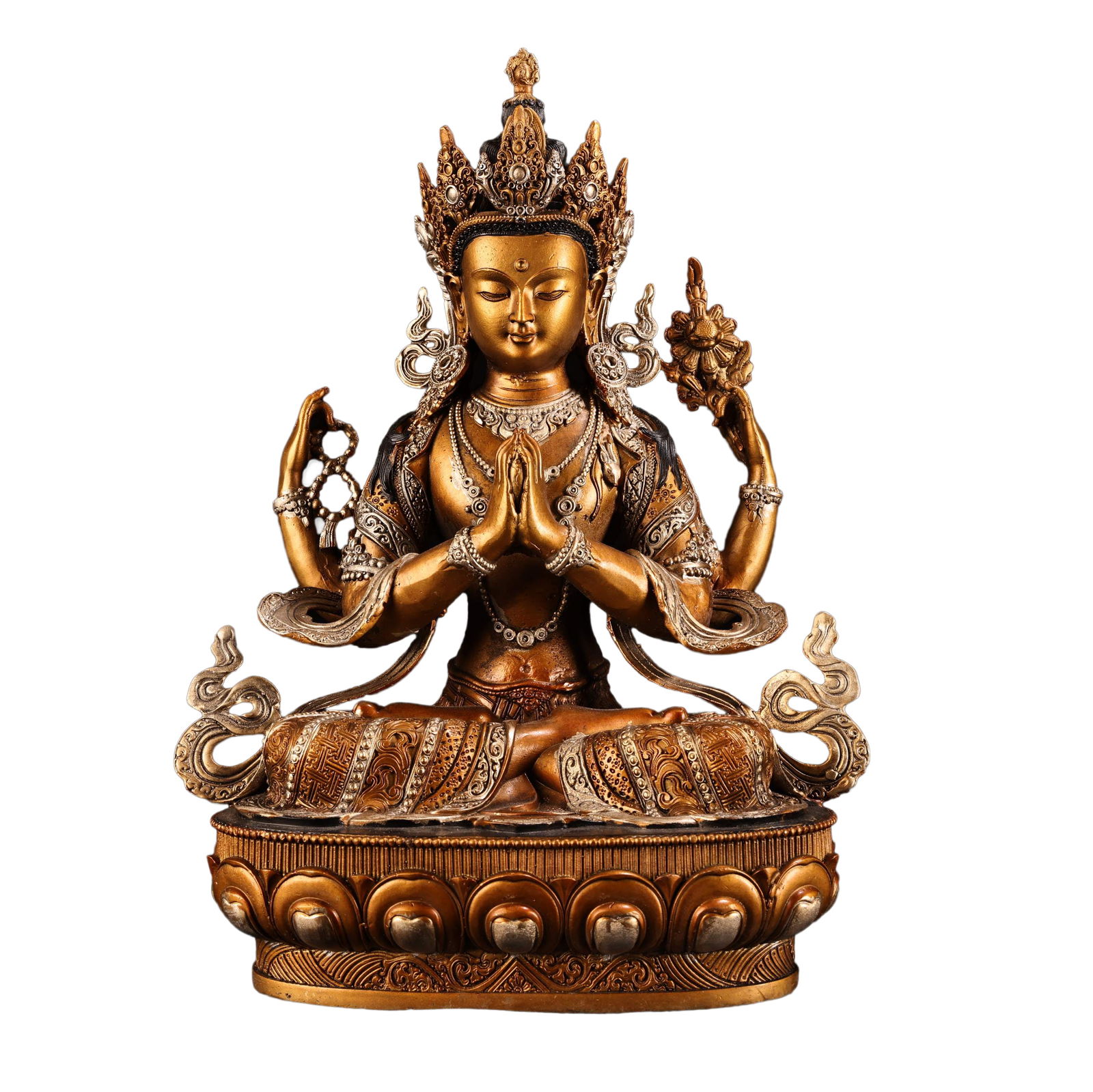 Tibetan Gilt Gold Copper Inlay Gems Four Arm Kwan-yin Statue: Tibetan Gilt Gold Copper Inlay Gems Four Arm Kwan-yin StatueDimension: 300 x 200 (mm)11.81 x 7.87 (inches) Weight: 4.41 lbs/ 2000 g