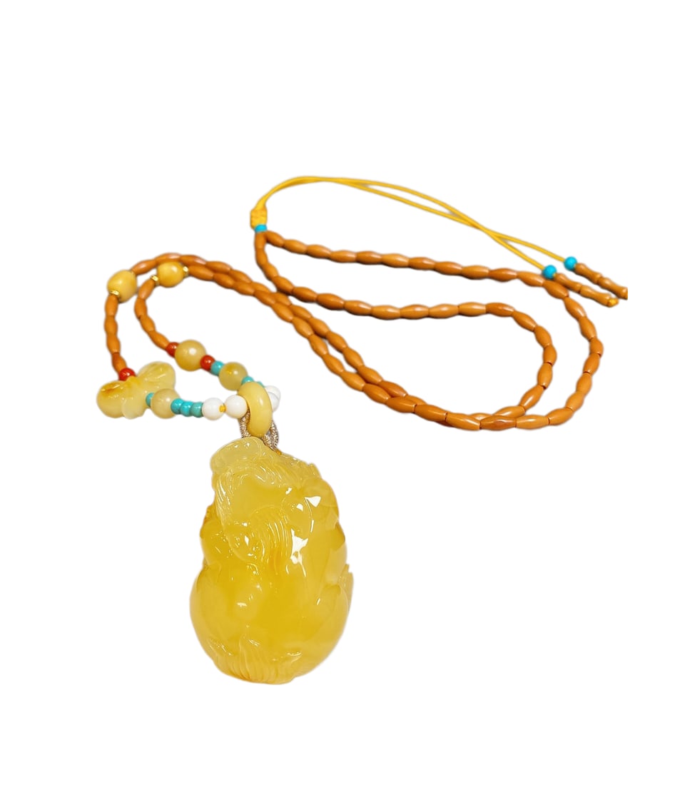 Beautiful Beeswax Carved Fortune Pixiu Pendant w Hand Woven Beeswax Beads Necklace (1 of 6)