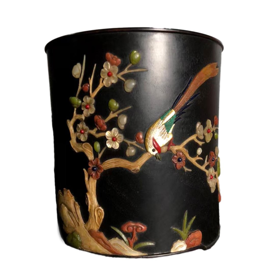 Vintage Chinese Zitan Wood Inlay Shoushan Stone & Shell Plum Flower & Magpie Brush Pot: Vintage Chinese Zitan Wood Inlay Shoushan Stone & Shell Plum Flower & Magpie Brush PotDimension: 170 x 165 (mm)6.69 x 6.50 (inches) Weight: 2.95 lbs/ 1340 g