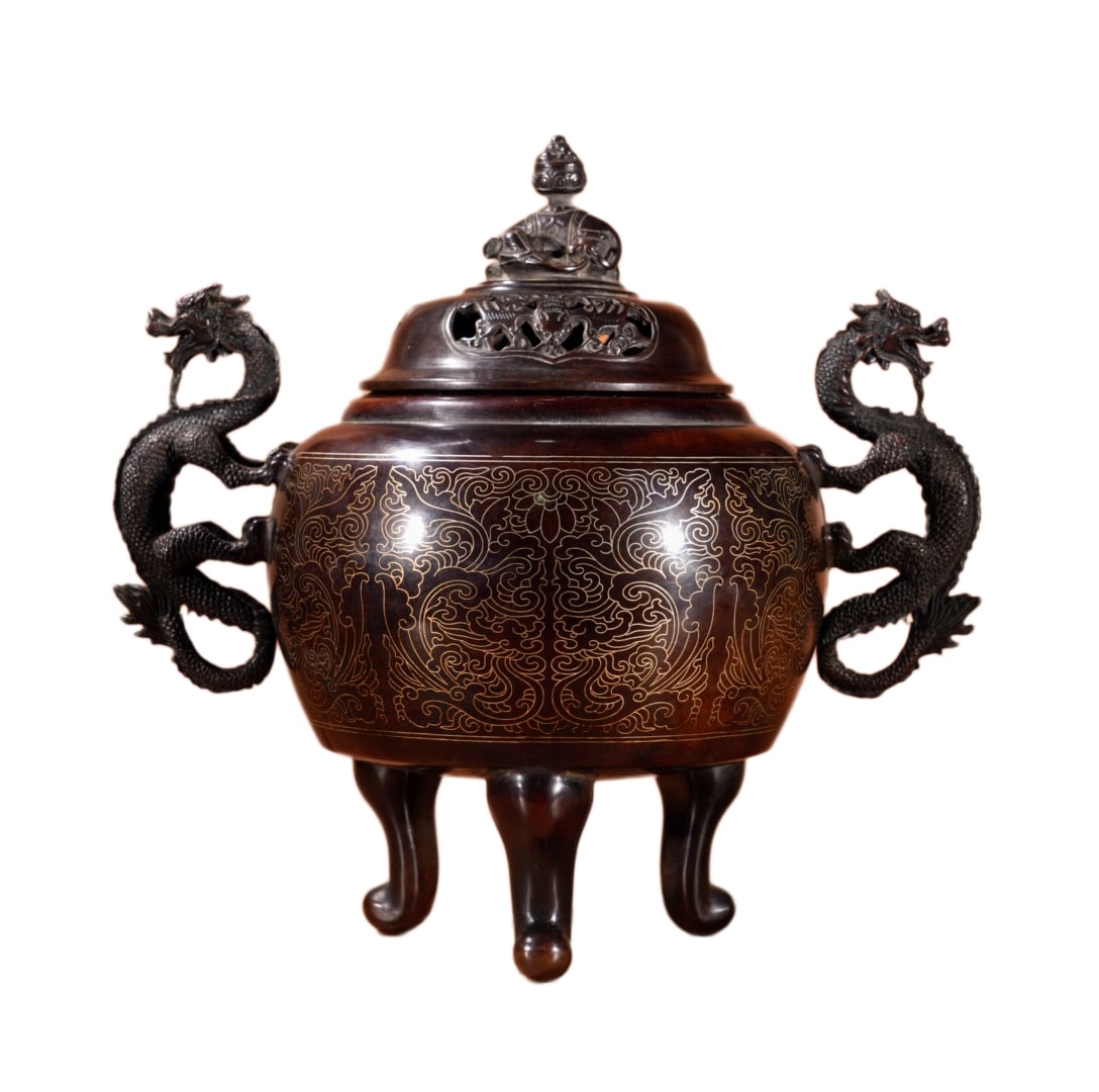 Vintage Chinese Copper Inlay Silver Wires Double Ear Fortune Dragon Incense Burner (1 of 10)