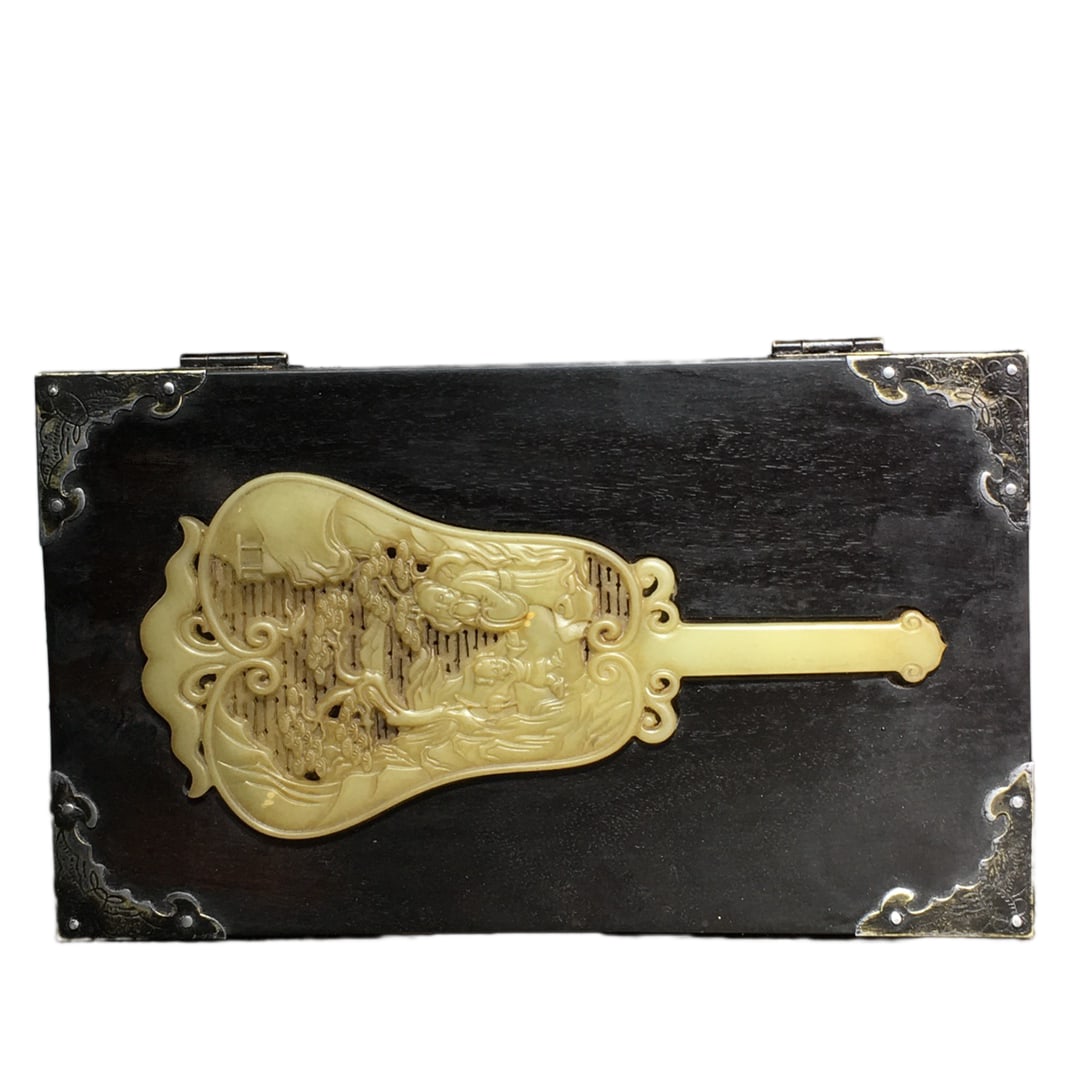 Vintage Chinese Zitan Wood Inlay Jade Jewellery Box (1 of 10)