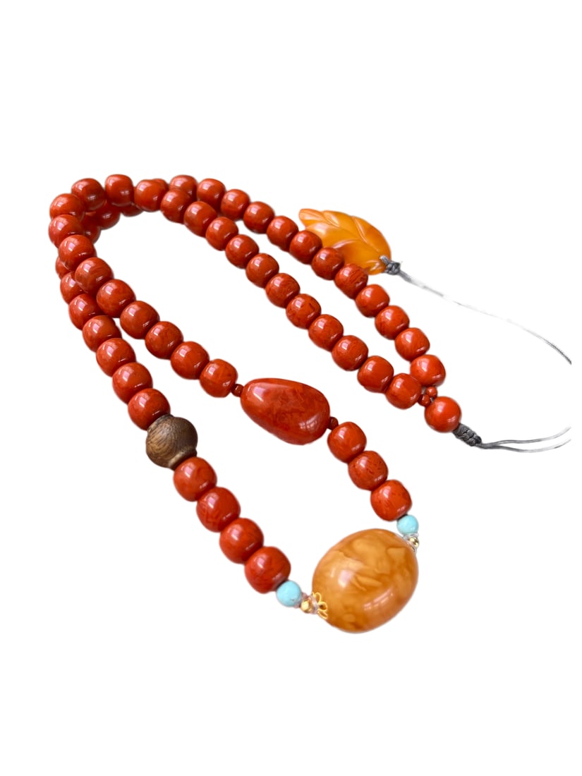 Hand Woven Chinese Nanhong Agate & Beeswax Beads Necklace (1 of 7)