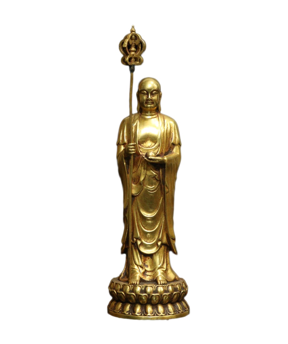 Tibetan Gilt Gold Copper Ksitigarbha Statue: Tibetan Gilt Gold Copper Ksitigarbha StatueDimension: 135 x 40 (mm) 5.31 x 1.57 (inches) Weight: 0.74 lbs/ 338 g