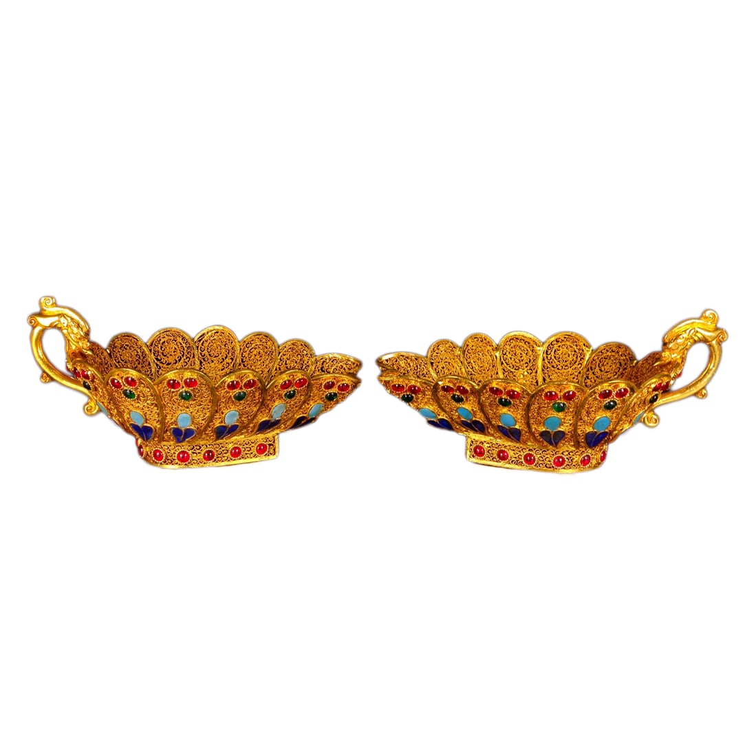 A Pair Exquisite Chinese Gold Wires Enamel Inlay Gems Cups (1 of 10)