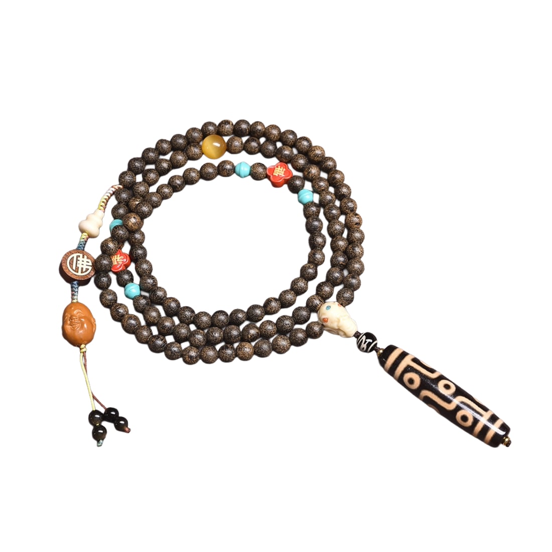 Old Tibetan 9 Eye DZI Agate Lucky Pendant w Hand Woven Wood Beads Necklace (1 of 7)