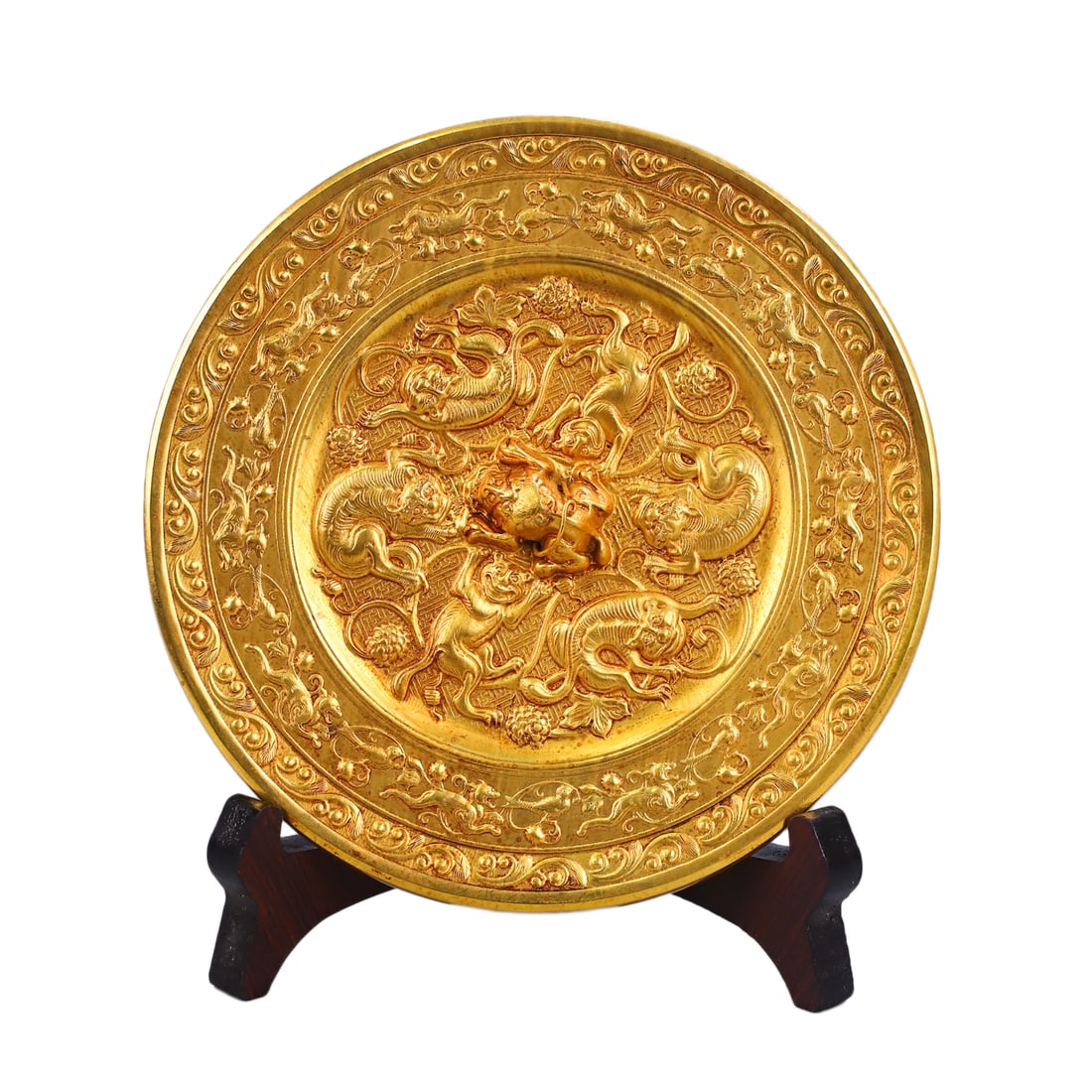 Vintage Chinese Gilt Gold Copper Divine Beast Bronze Mirror: Vintage Chinese Gilt Gold Copper Divine Beast Bronze MirrorDimension: 140 x 140 (mm) 5.51 x 5.51 (inches) Weight: 2.03 lbs/ 920 g