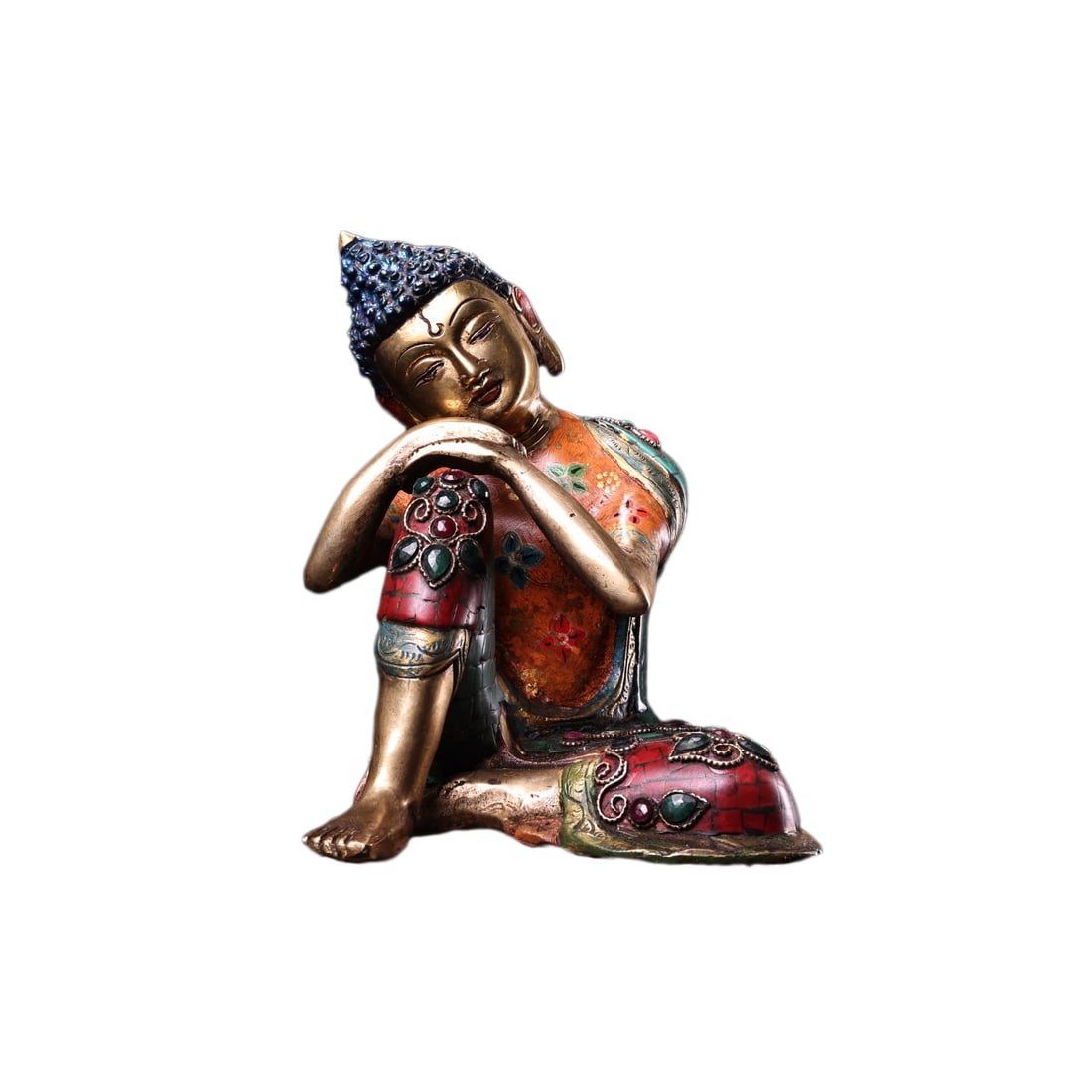 Tibetan Buddhism Gilt Gold Copper Inlay Turquoise & Gems Siddhartha Buddha Statue: Tibetan Buddhism Gilt Gold Copper Inlay Turquoise & Gems Siddhartha Buddha StatueDimension: 180 x 160 (mm)7.09 x 6.30 (inches) Weight: 6.61 lbs/ 3000 g