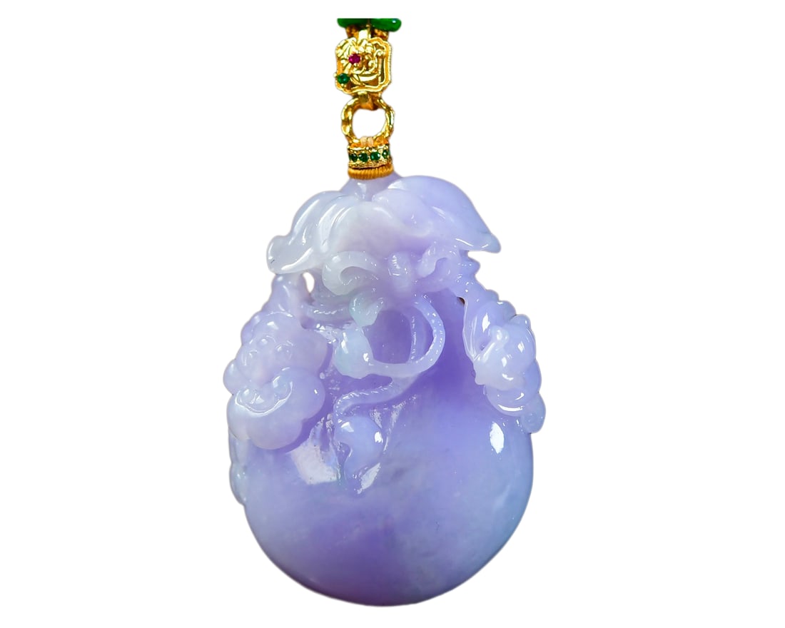 Exquisite Purple Jadeite Carved Fortune Bat & Money Bag Pendant (1 of 7)