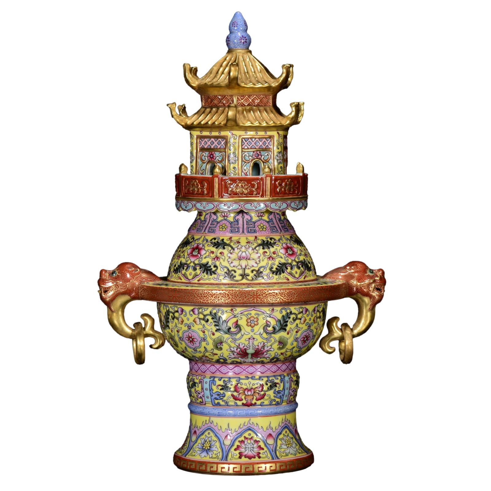 Chinese Qing Dynasty Gilt Gold Famille Rose Flowers Design Porcelain Incense Burner (1 of 10)