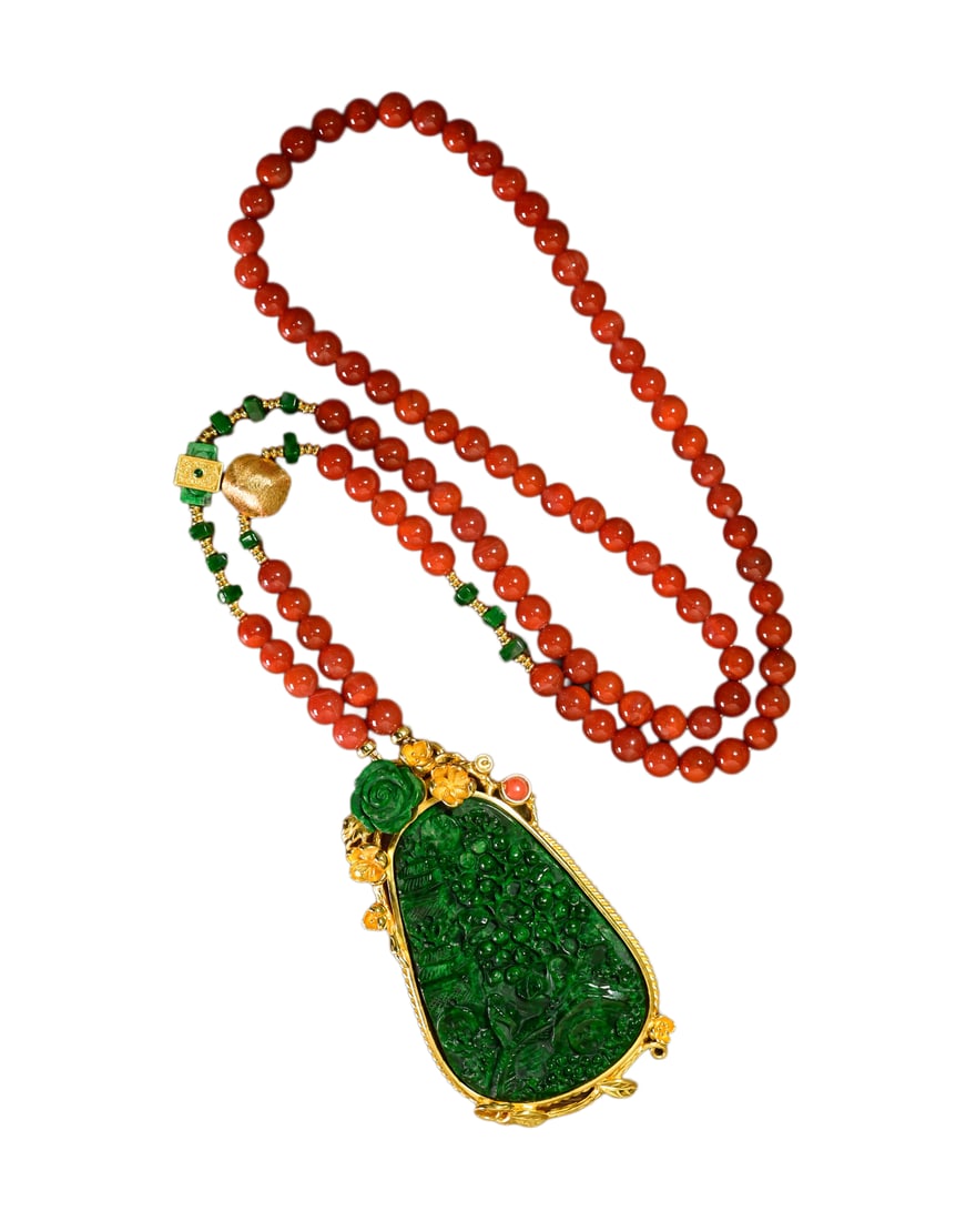 Exquisite Silver Plated Gilt Gold Inlay Green Jadeite Carved Remote Mountains Sightseeing Pendant (1 of 7)