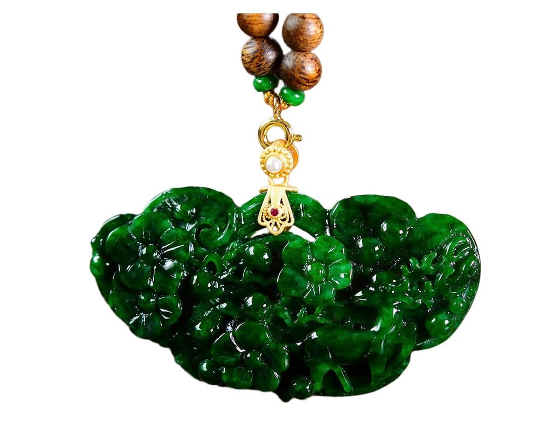 Exquisite Green Jadeite Carved Deer & Flower Pendant w Chenxiang Wood Beads Necklace (1 of 7)