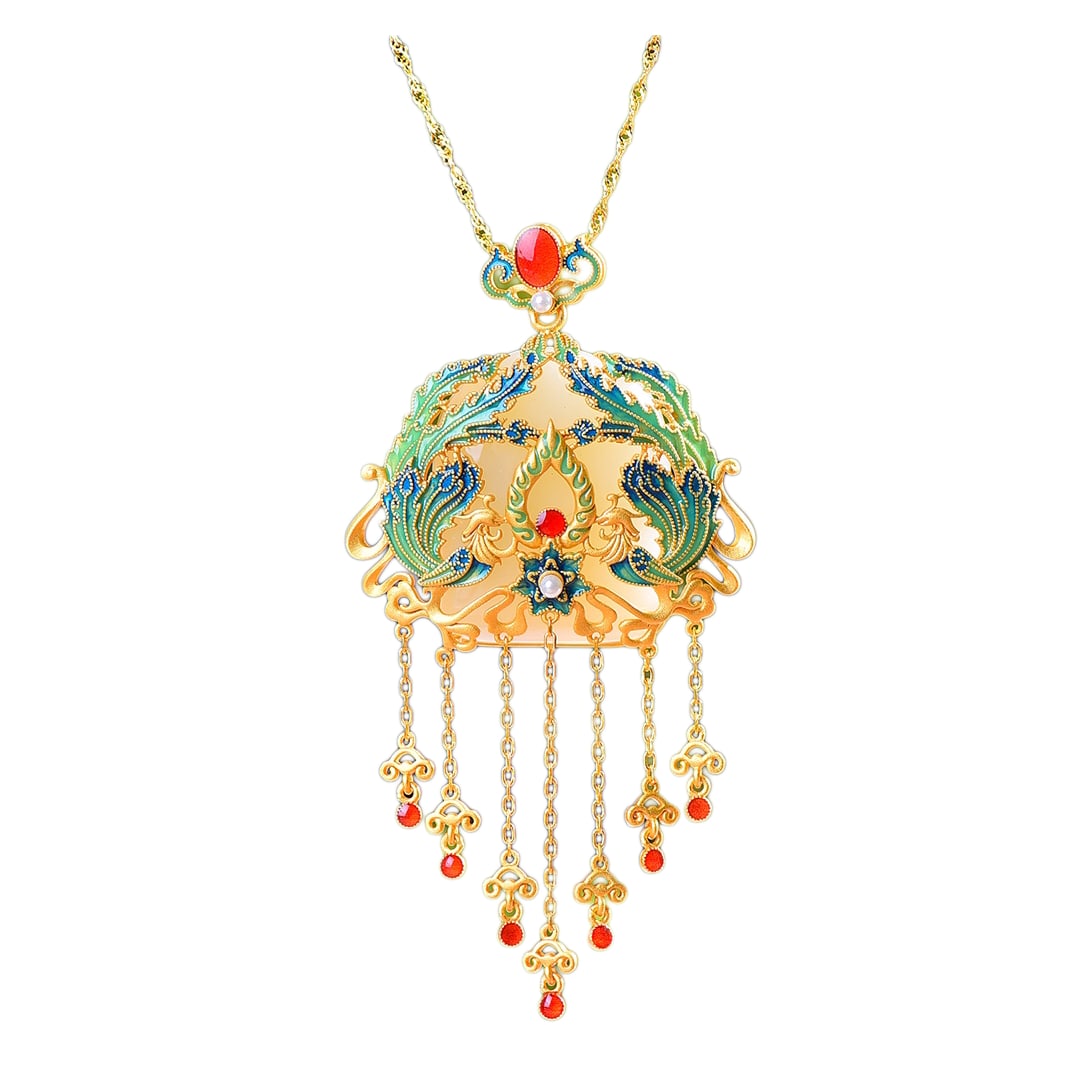 Chinese 925 Silver Inlay Hetian Jade Enamel Phoenix Pendant (1 of 7)