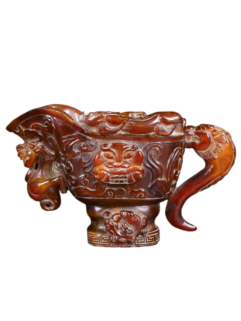 Vintage Ox Horn Carved Chi Dragon Sacrifice Wine Cup (1 of 10)