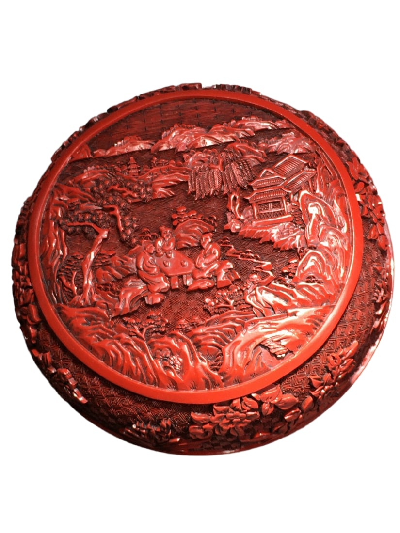 Chinese Red Lacquerware Low Relief Sages Meeting Design Jewellery Box (1 of 7)