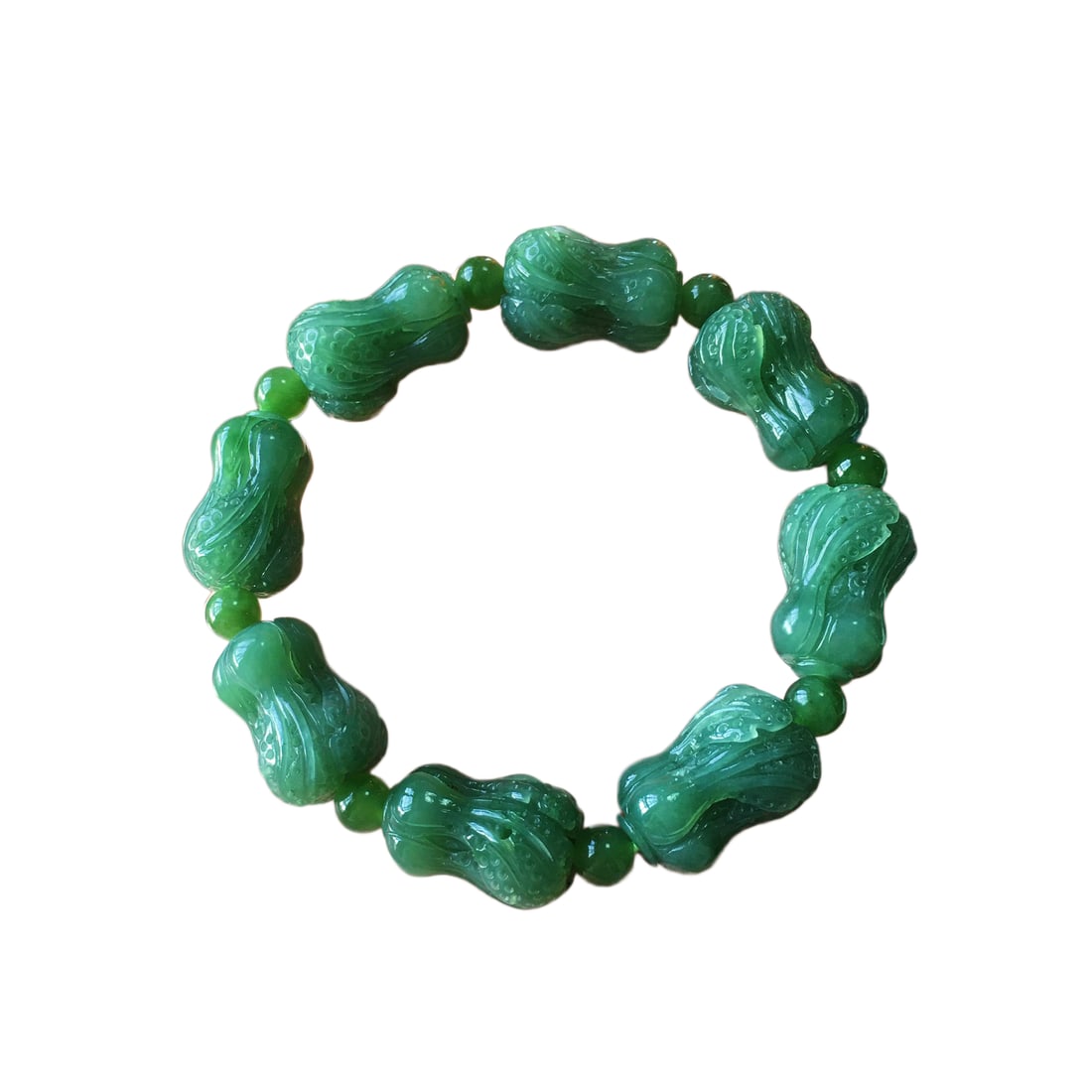 Chinese Green Hetian Jade Carved Fortune Cabbage Beads Bracelet (1 of 6)