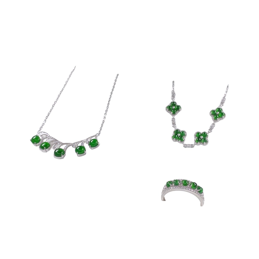 A Set Chinese Silver Inlay Green Jadeite Pendant w Ring (1 of 4)