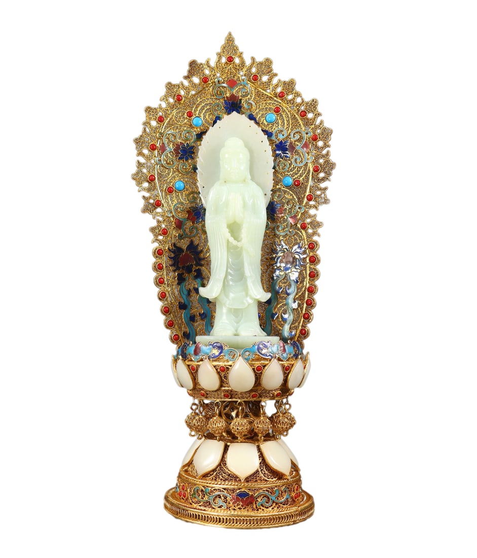 Exquisite Chinese Hetian Jade Carved Buddha Statue w Gold Wire Enamel Base: Exquisite Chinese Hetian Jade Carved Buddha Statue w Gold Wire Enamel BaseDimension: 385 x 160 x 115(mm) 15.16 x 6.30 x 4.53 (inches) Weight: 2.93 lbs/ 1328 g
