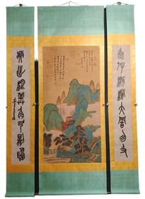 Chinese Watercolour On Silk Mountain River Scene Design Painting w Couplet