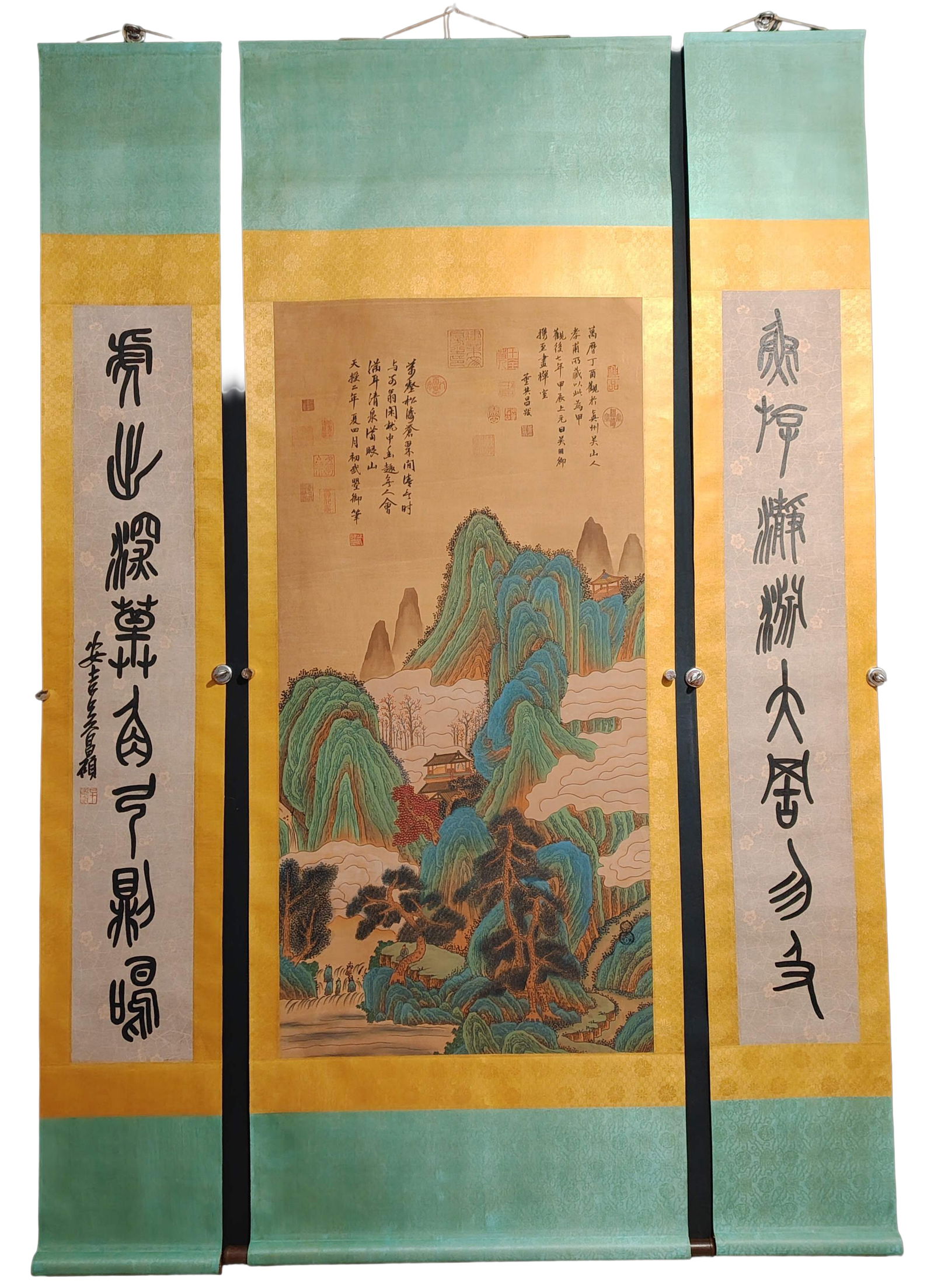 Chinese Watercolour On Silk Mountain River Scene Design Painting w Couplet: Chinese Watercolour On Silk Mountain River Scene Design Painting w CoupletDimension: 2140 x 770 (mm)84.25 x 30.31 (inches)Dimension: 1340 x 660 (mm)52.75 x 25.98 (inches)Dimension: 2140 x 320 (mm)84.2